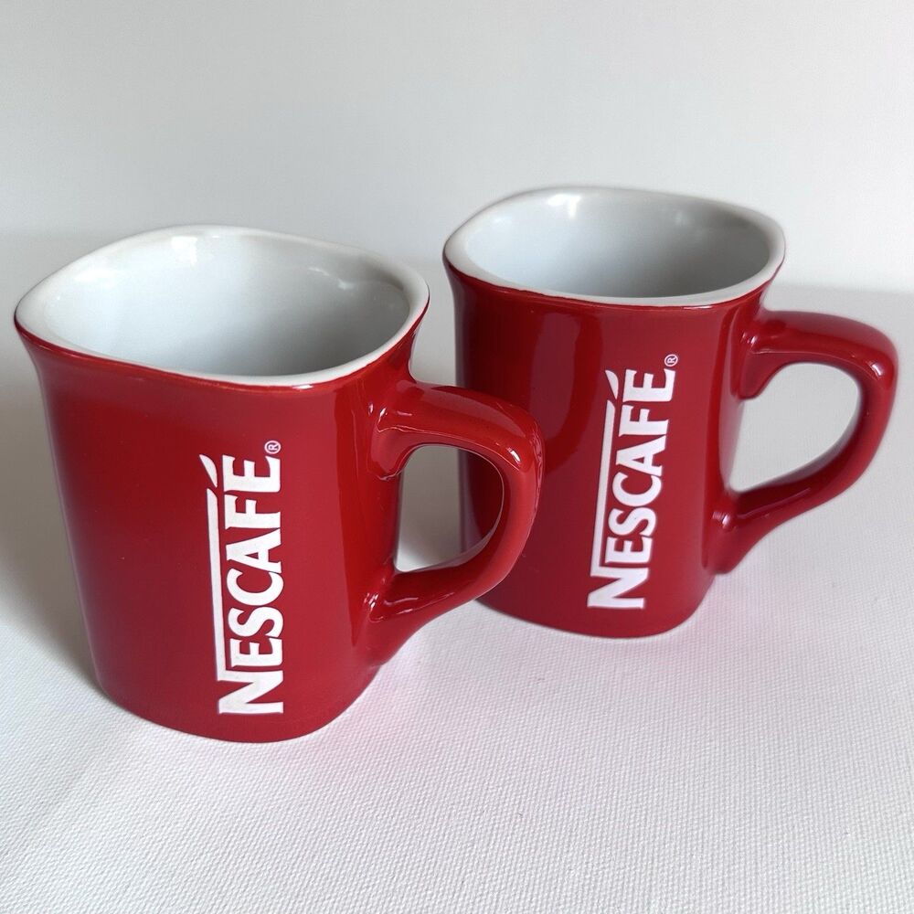 Nescafe Red Ceramic Coffee Mugs Cups Set of 2 Espresso Cappuccino 6 oz